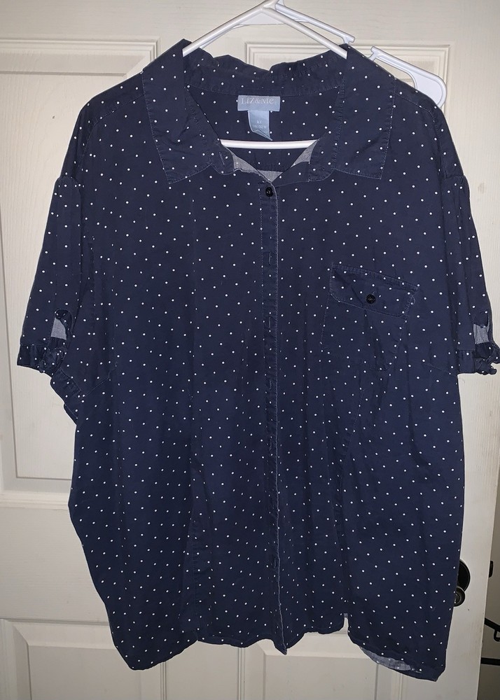 Womens Plus Size 4x Liz & Me. Navy With White Polka Dots,Short Sleeve Button Up