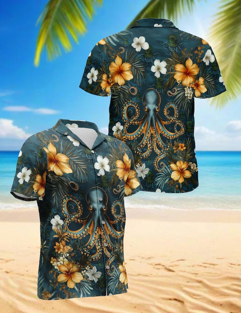 Octopus Sea Creature Hawaiian Shirt Mens Beach Aloha Tropical Ocean