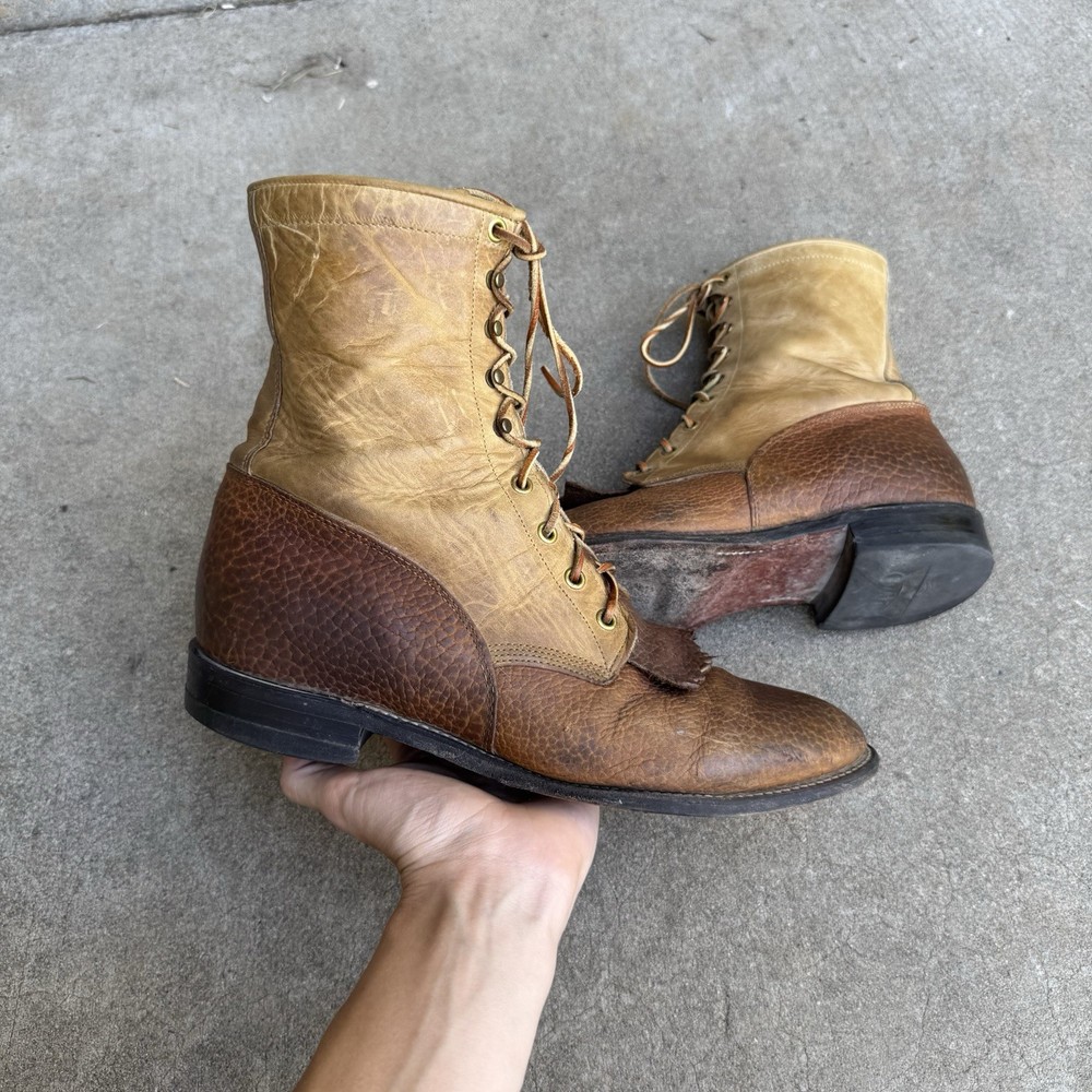 Vintage Justin 630 Two-Tone Brown Leather Kiltie Roper Boots Men's Size 11D