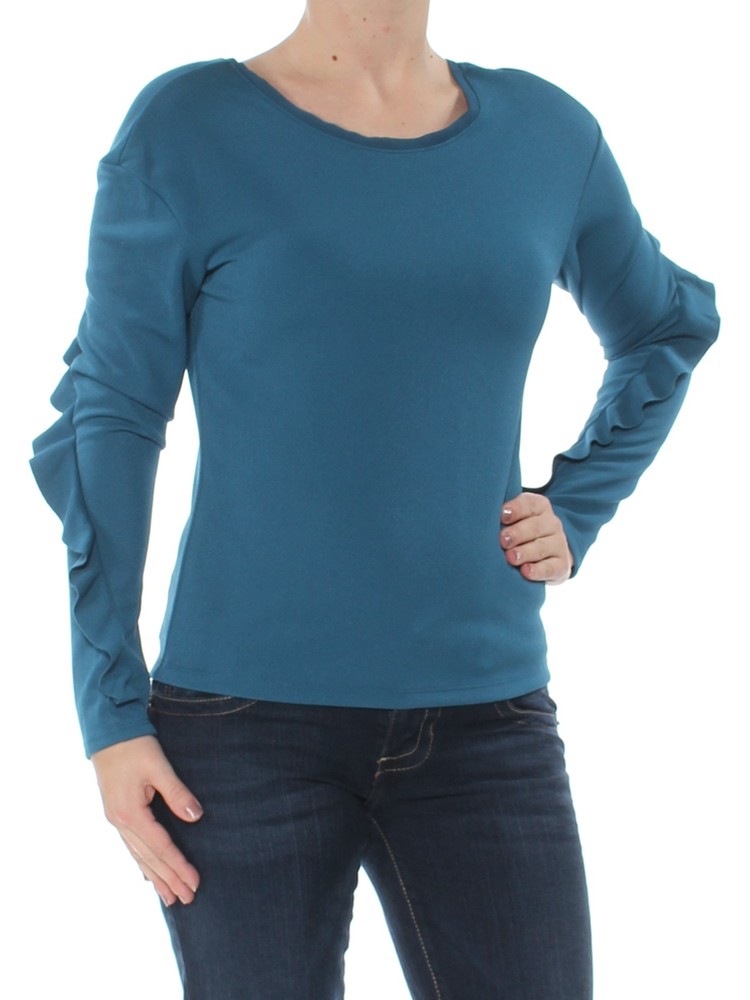 BAR III Womens Teal Ruffled Low Back Long Sleeve Jewel Neck Top Size: 2XS