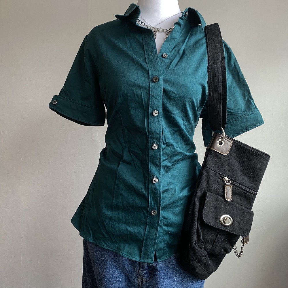 Vintage Banana Republic Bella Swan Emerald Green Button Down Bowling Shirt Y2K
