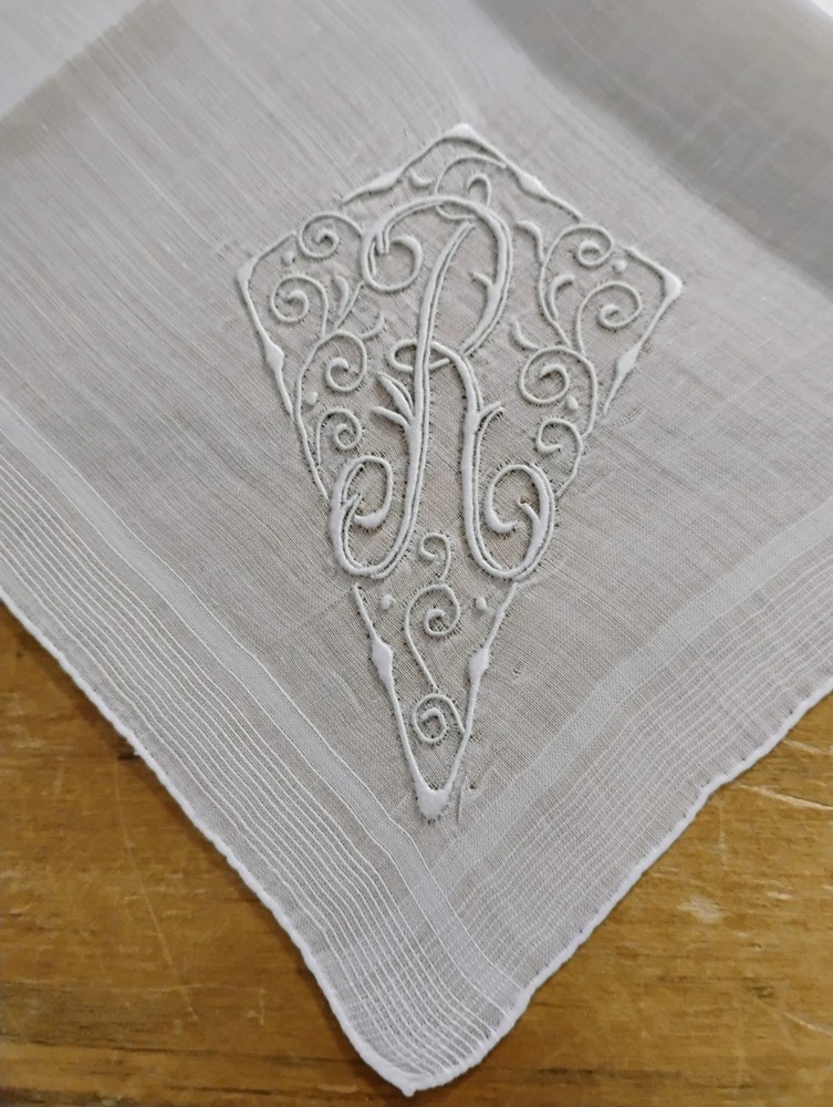 Vgt R Monogram Gray Embroidery White Cotton Semi Sheer Hankie Handkerchief