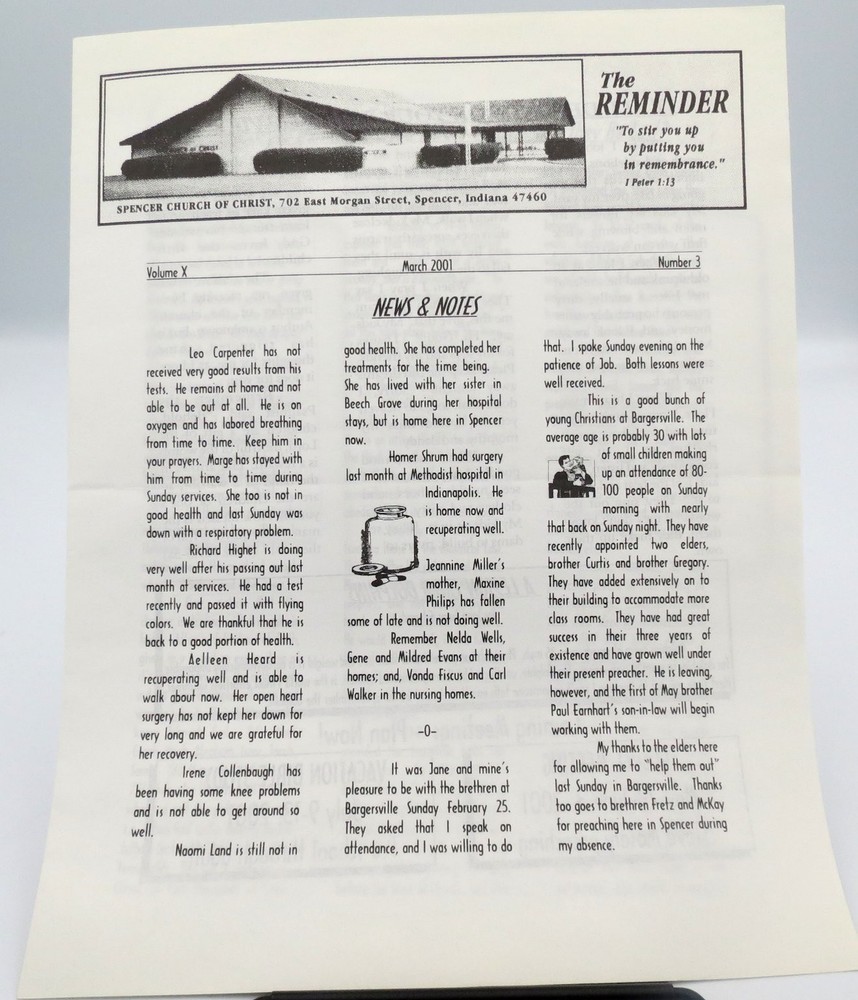The Reminder March 2001 Spencer Church of Christ Indiana Newsletter