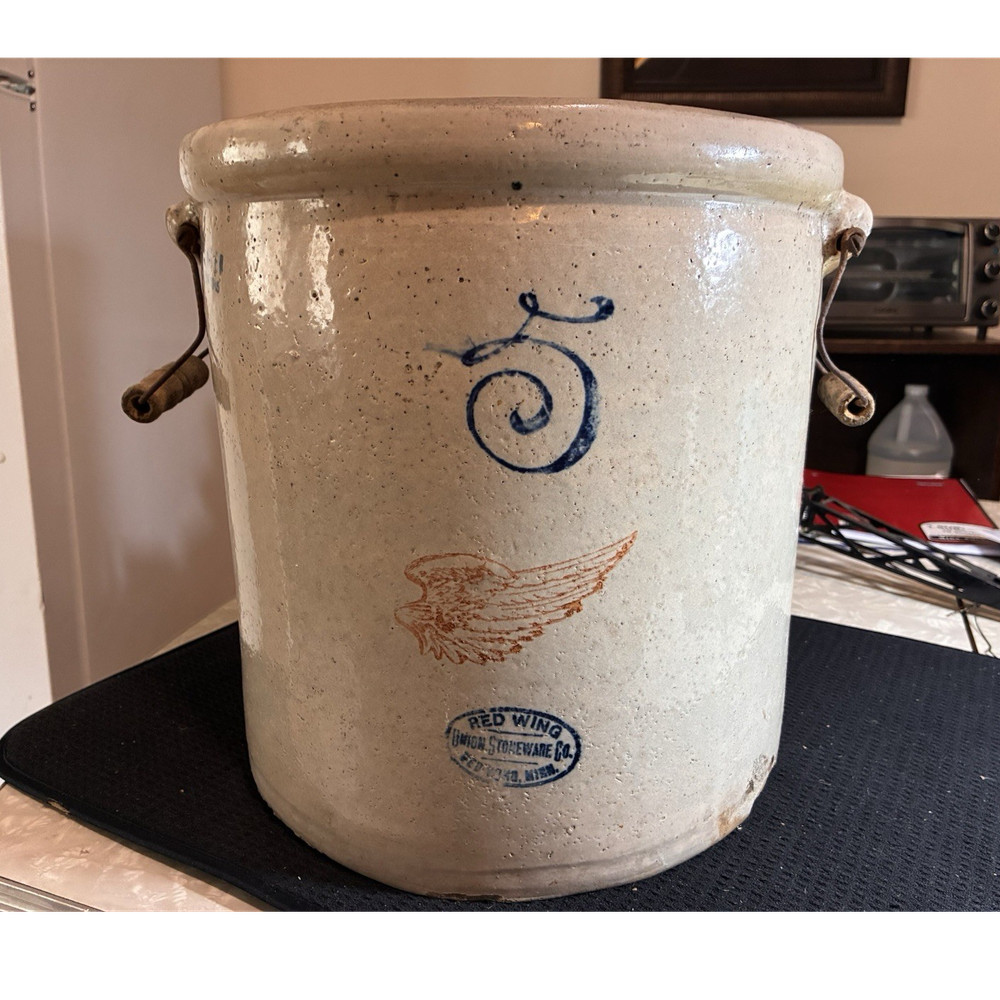 Red Wing 5 Gallon Vintage Ceramic & Porcelain Crock with Handles, 1900-1919