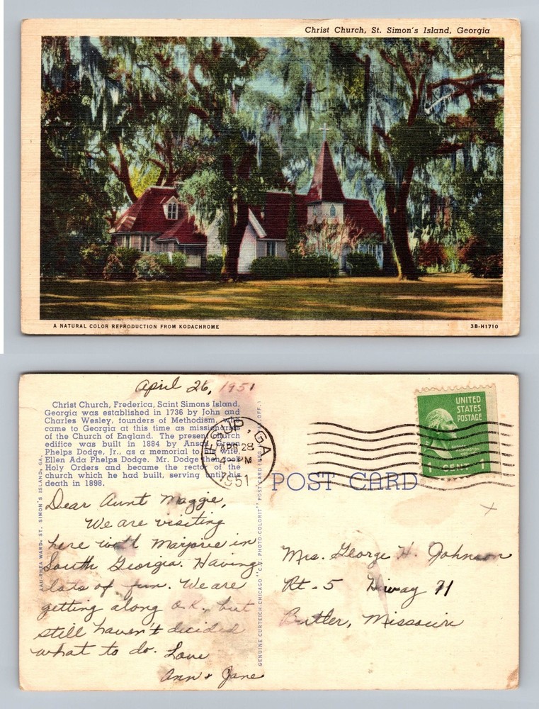 St. Simons Island, GA-Georgia, Christ Church c1951 Old Vintage Postcard