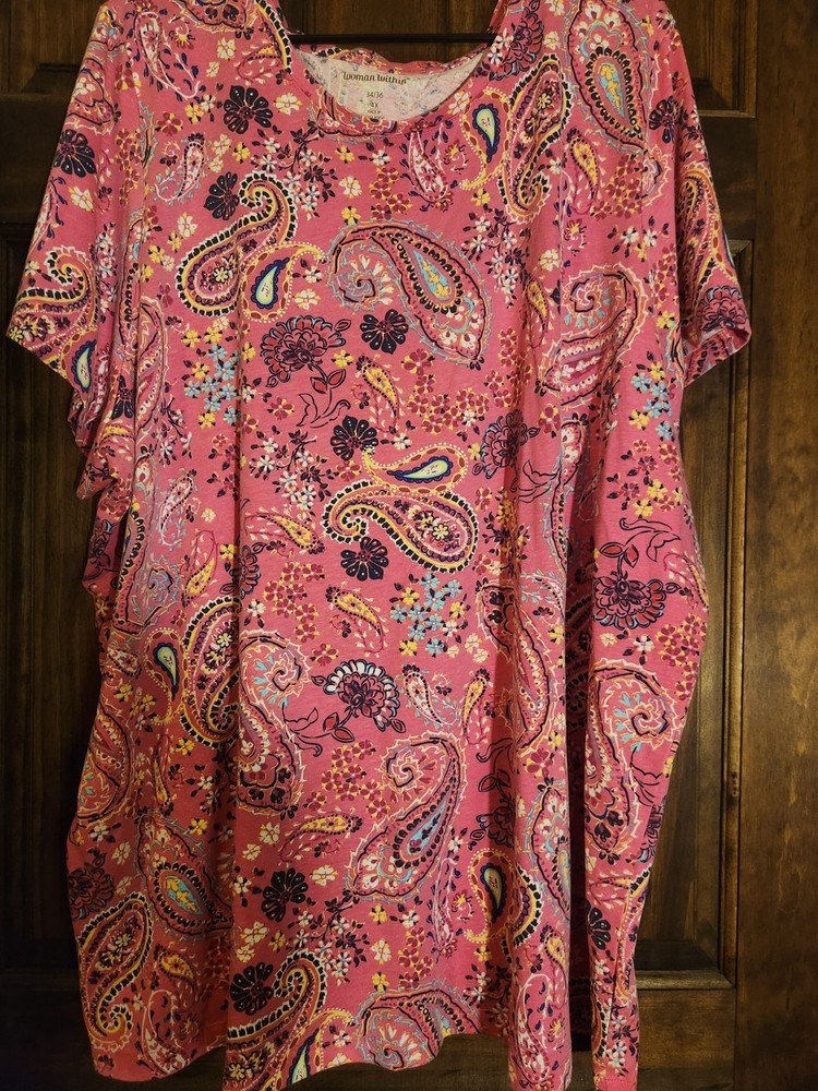 Woman Within Tunic Top Womens 4X Pink Paisley Scoop Neck Short Sleeve Beautiful