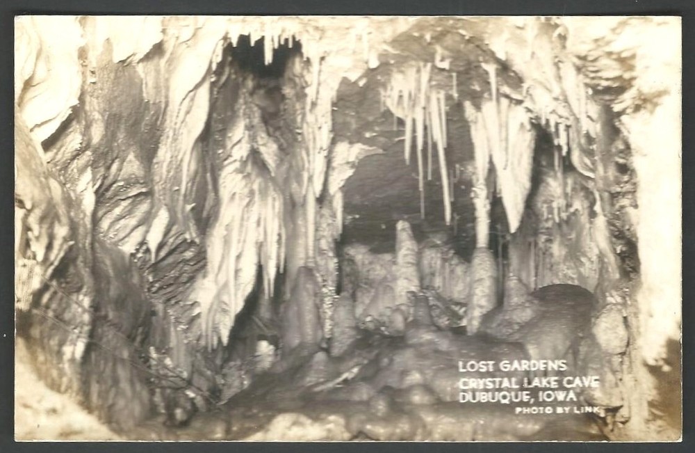 DUBUQUE IOWA Crystal Lake Cave Lost Gardens 1938 RPPC DOPS Postcard