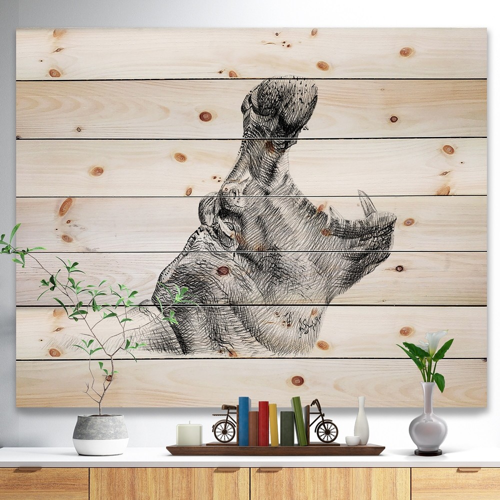 Designart 'Pencil Hippo Sketch In Black And White' Traditional Wood Wall Art