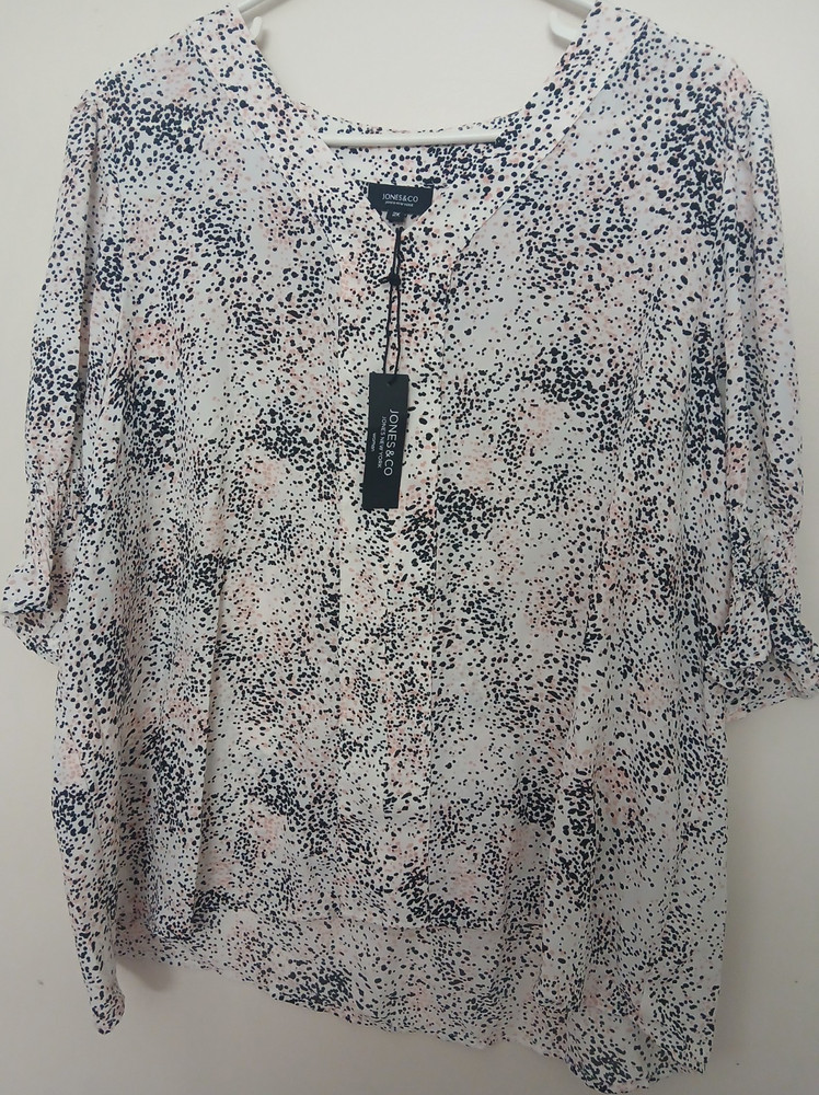 JONES & CO JONES NEW YORK Polka Dot Ruffle Sleeve V-Neck Blouse Black Pink 2X