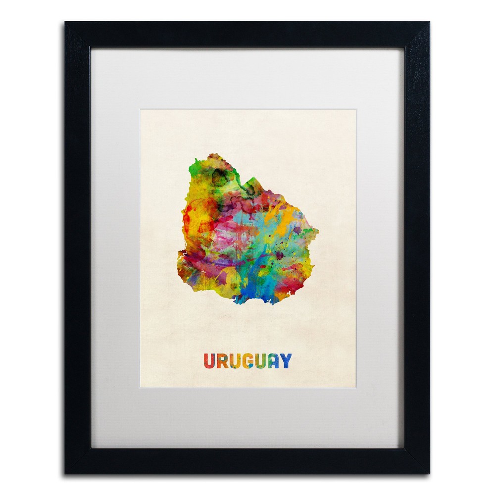 Uruguay Watercolor Map Art Print by Michael Tompsett - 16x20 White Matte Frame  