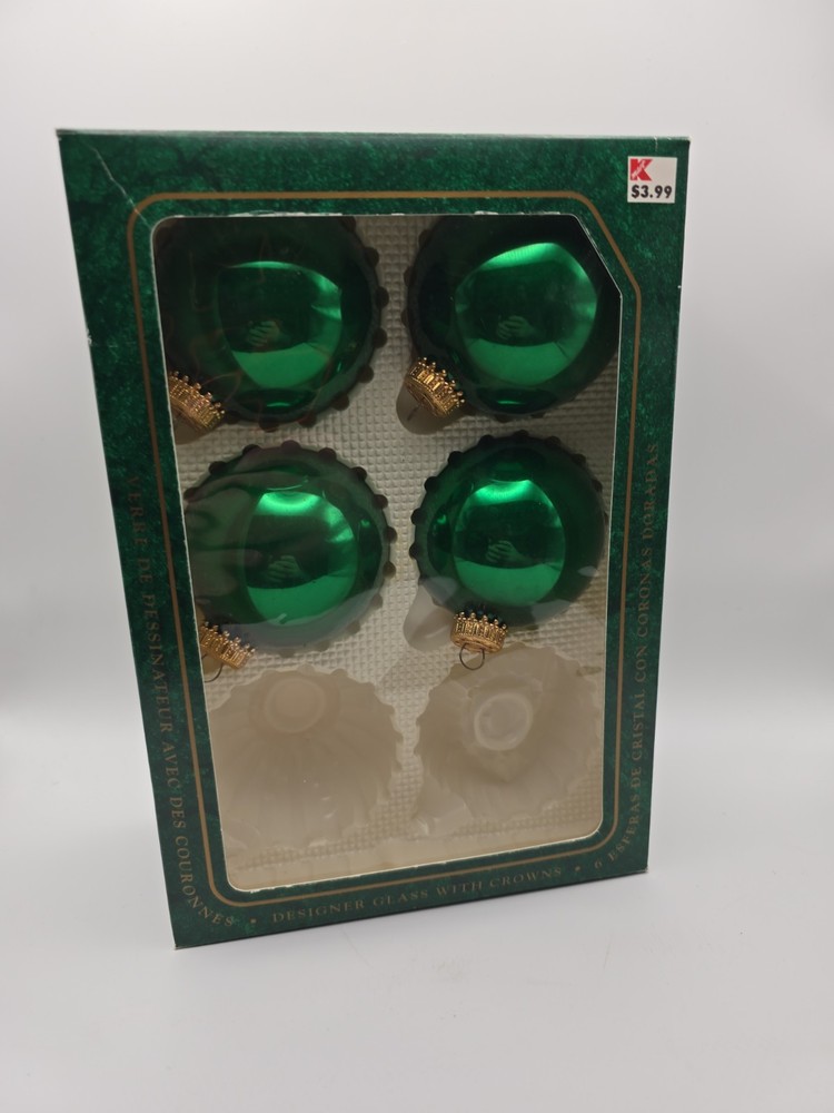Vintage Christmas by Krebs 4 Green Glass Ball Ornaments Made in USA