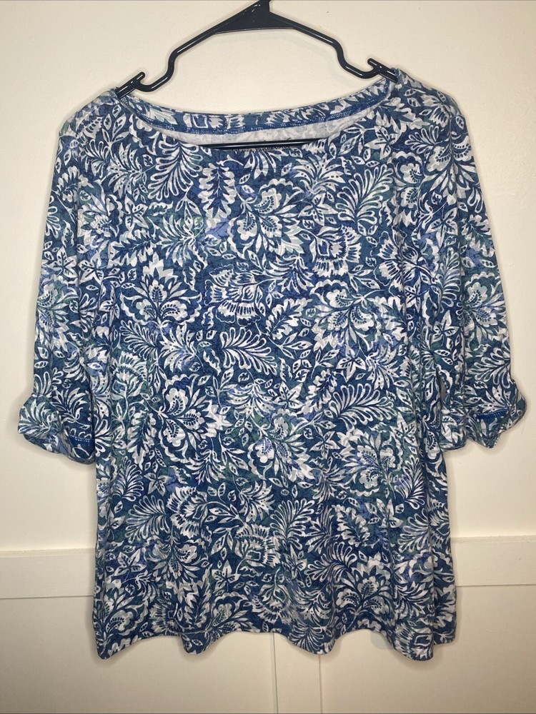 Gloria Vanderbilt Women’s Blouse Size XL Short Sleeve Blue Floral Pattern