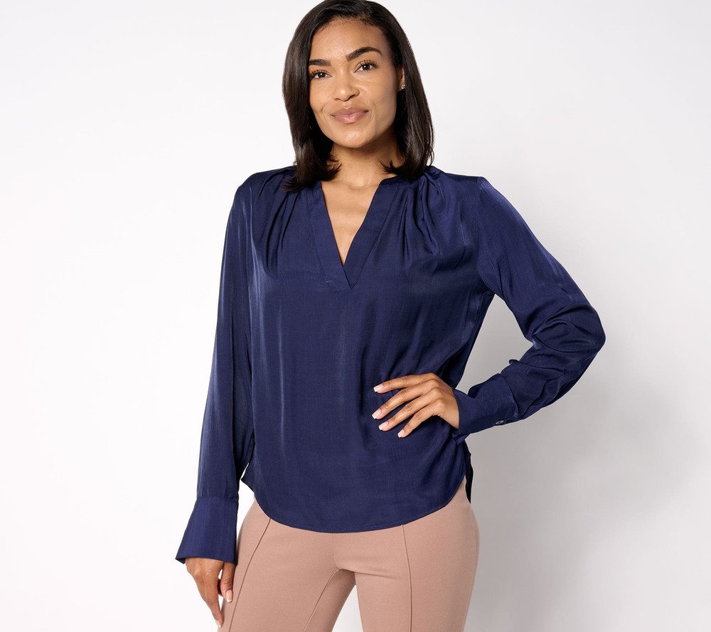 BEAUTIFUL by Lawrence Zarian Women's Top Plus Sz 1X Split V-Neck Blue A654829