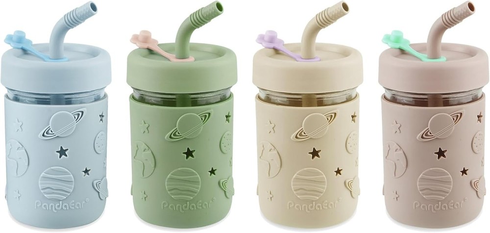 Glass Cups with Silicone Lids and Straws (4 Pcs), 8,45oz Drinking Glasses Set w.