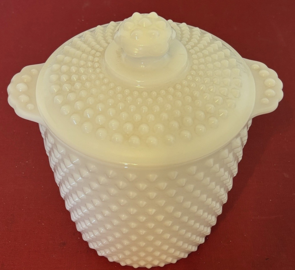Vintage Anchor Hocking White Milk Glass Cookie Jar Hobnail Texture Matching Lid