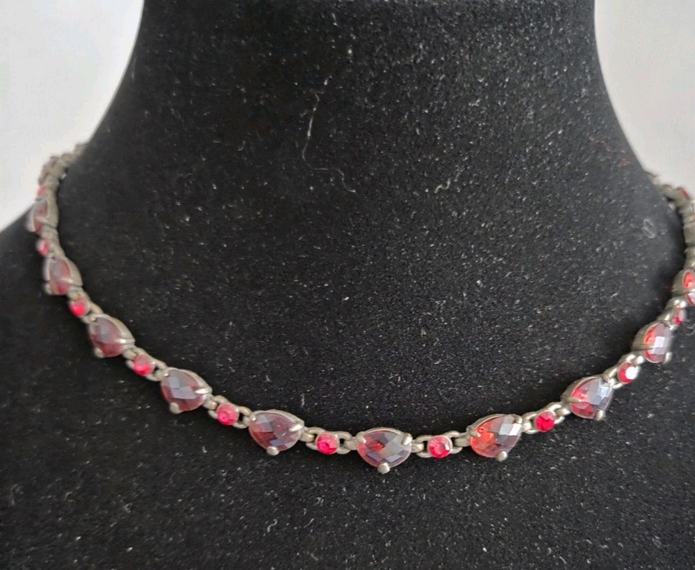 Vintage Clear Red Rhinestone  Necklace Signed MONET MCM Estate W Extension