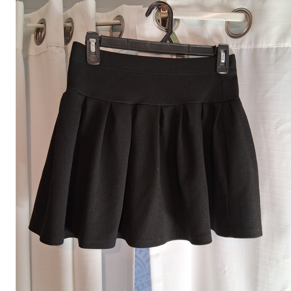 Black Pleated Knit Skater Mini Skirt High Rise Elastic Waist Short Size S Women
