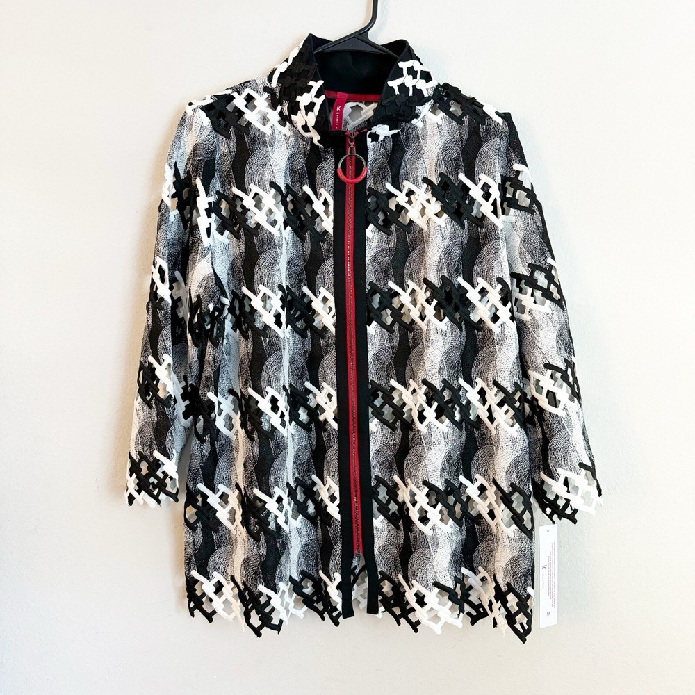 IC By Connie K Open Cut Work Zip Up Tunic Red Black White Size M