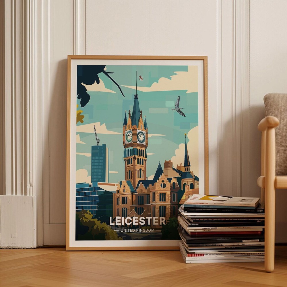 Leicester Cityscape Travel Poster United Kingdom Wall Art Unique Wedding