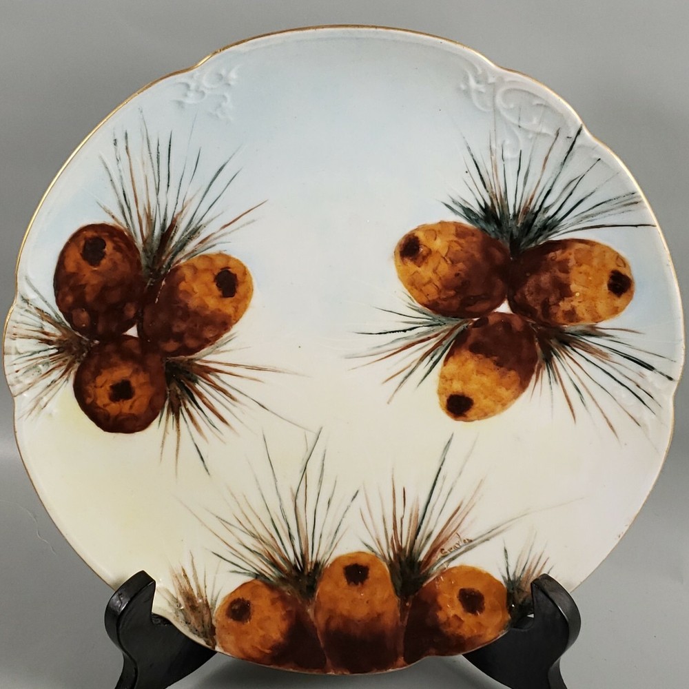 Signed Vintage Antique Art Nouveau Pine Cones Hand Painted Porcelain DECOR PLATE