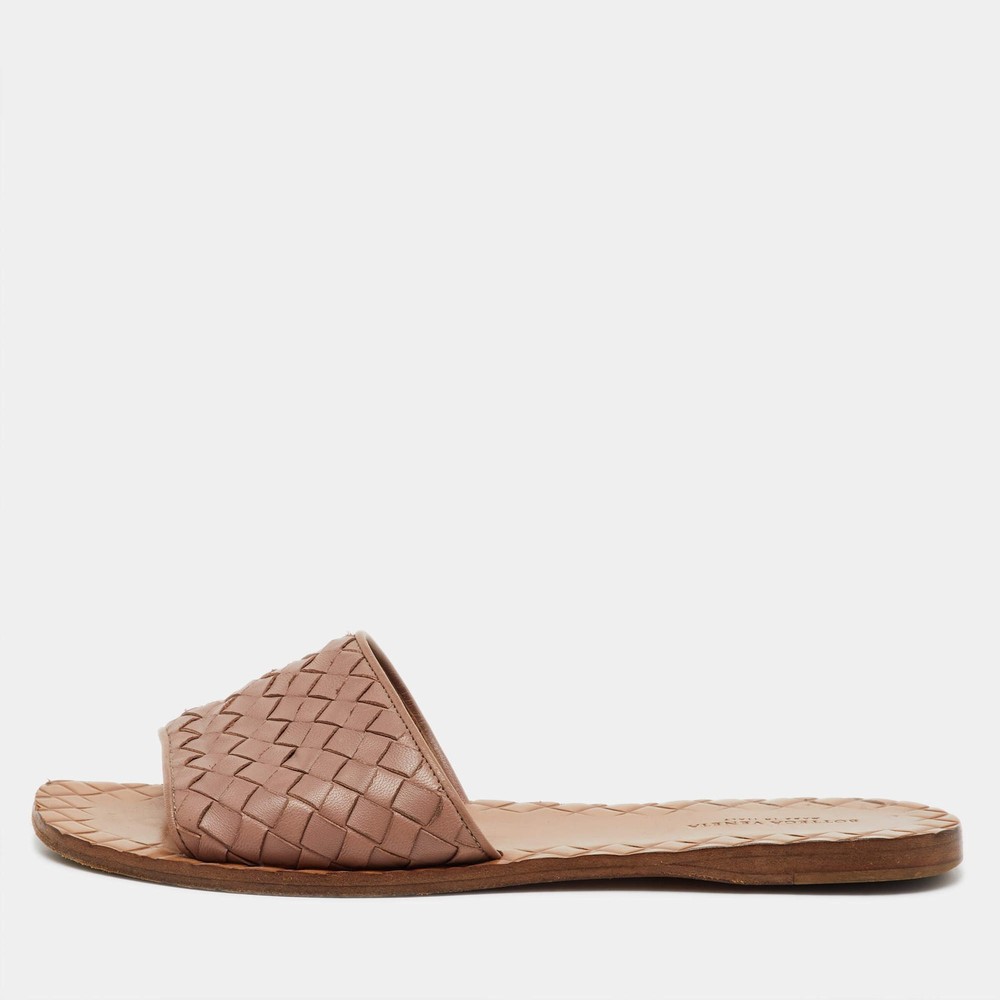 Bottega Veneta Light Brown Intreciatto Leather Flat Slide Sandals Size 37