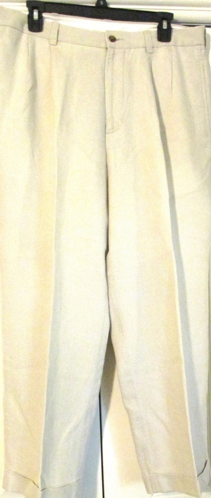 Brooks Brothers 346 Pants Mens 34x27 in. Beige Linen Pleated Cuffed Dress Slacks
