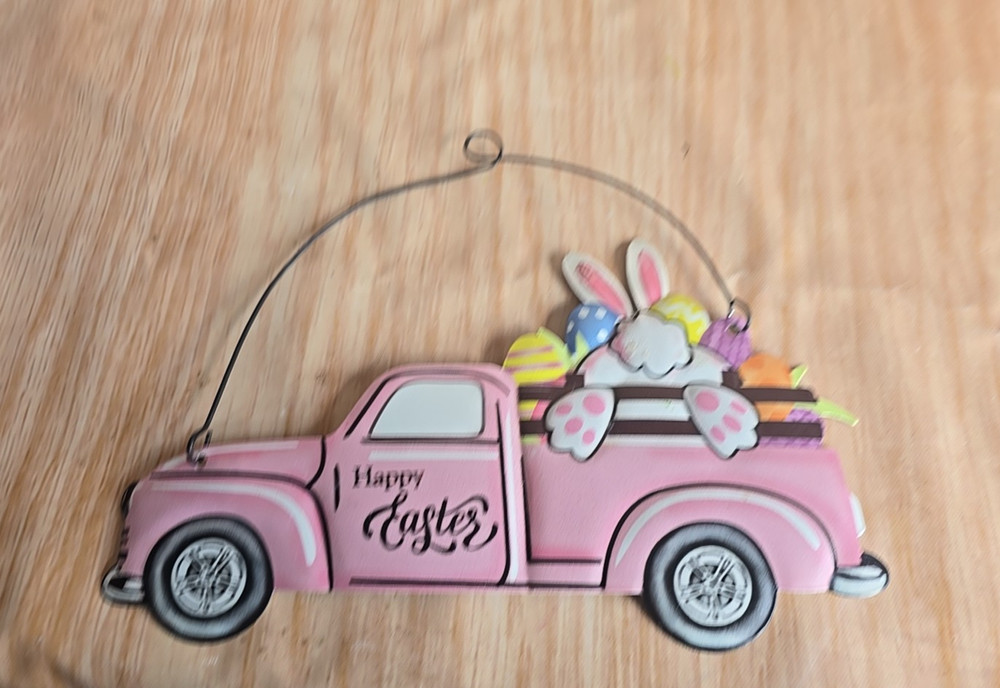 HAPPY EASTER PINK TRUCK BUNNY BUTT SIGN Wall Door Hanger Plaque Wreath Accent