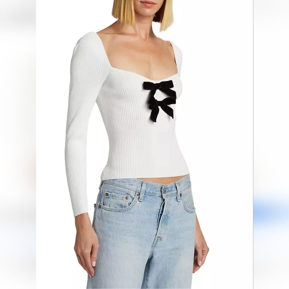 Generation Love Coralie Ribbed Bodycon Velvet Bow Long Sleeve White Top Size XS