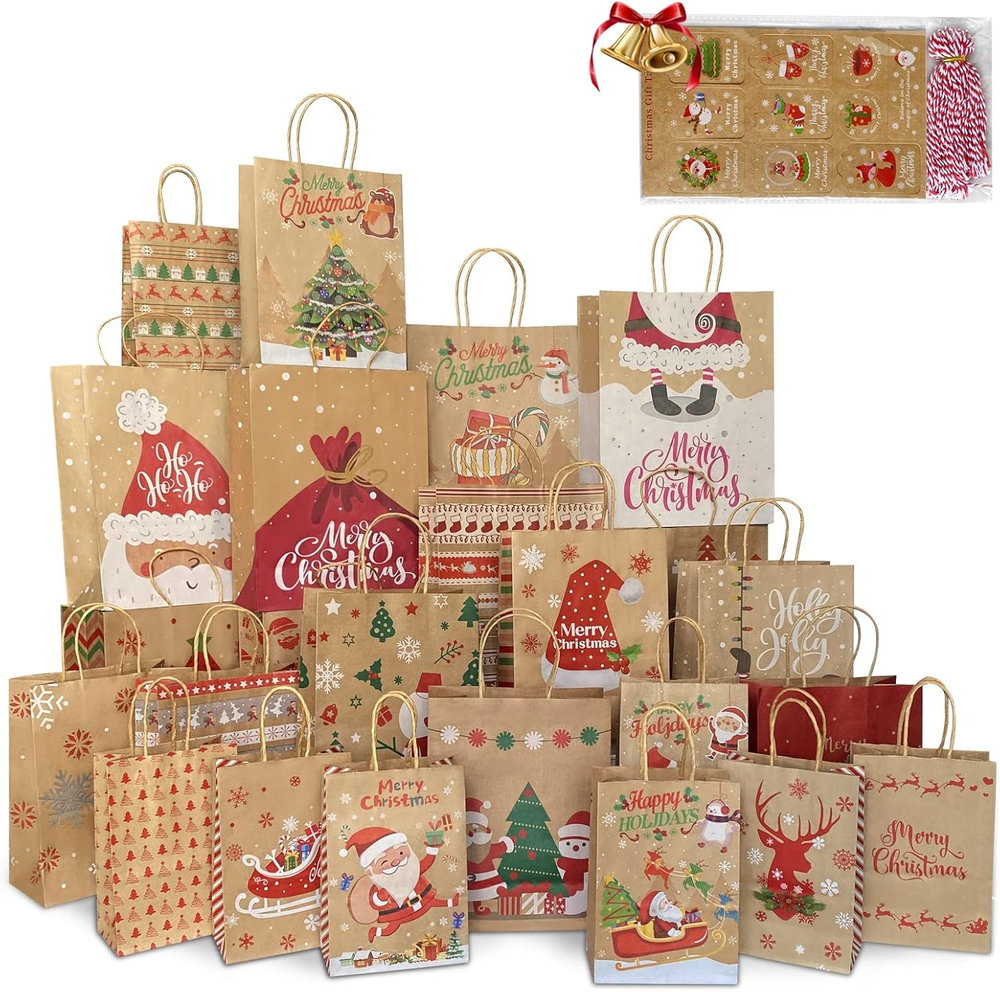 Christmas Gift Bags 24 Pack, Christmas Kraft Paper Bags Bulk with Handles 24 Sty