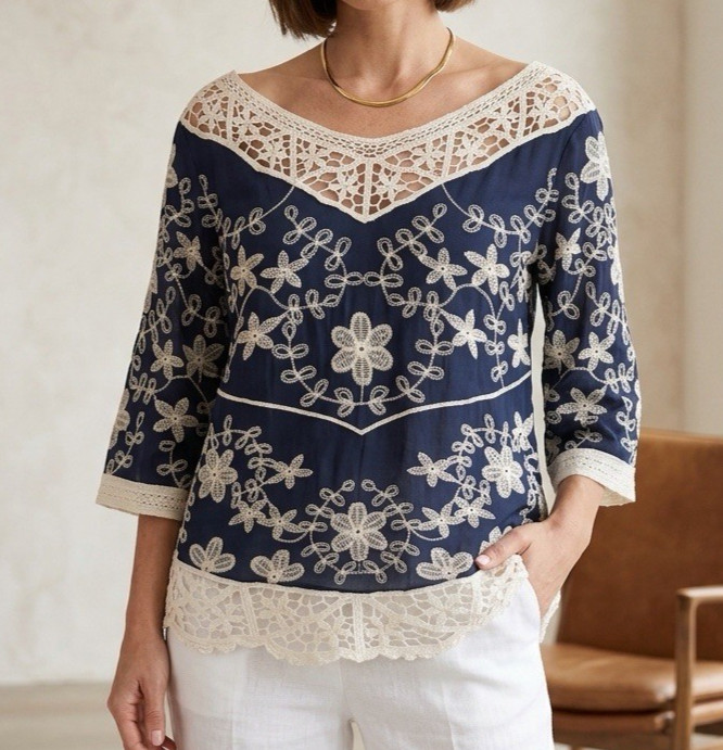 Solitaire Blouse Womens L Boho Peasant Floral Crochet Knit Embroidered Festival
