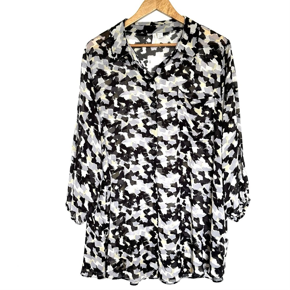 Cato Plus Shirt Women’s Size 18/20W Geometric Boho Sheer Button Up Cold Shoulder