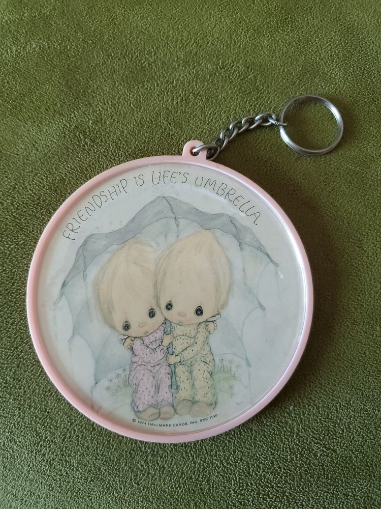 Vintage 1974 1970s Hallmark Cards Large Photo Pink Keychain, Precious Moments