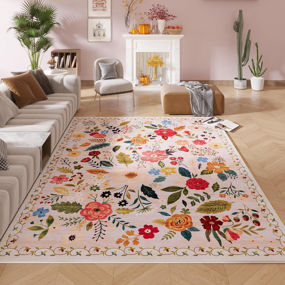 Living Room Rug 6X9 Rug Machine Washable Boho Area Rug Non Slip Floral Vintage L