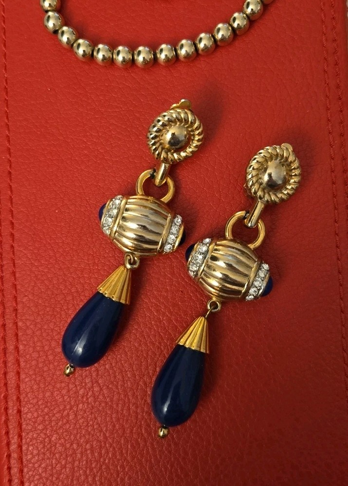 Vintage Unsigned Givenchy Runway Clip Earrings Crystals Navy Gold Plated 3