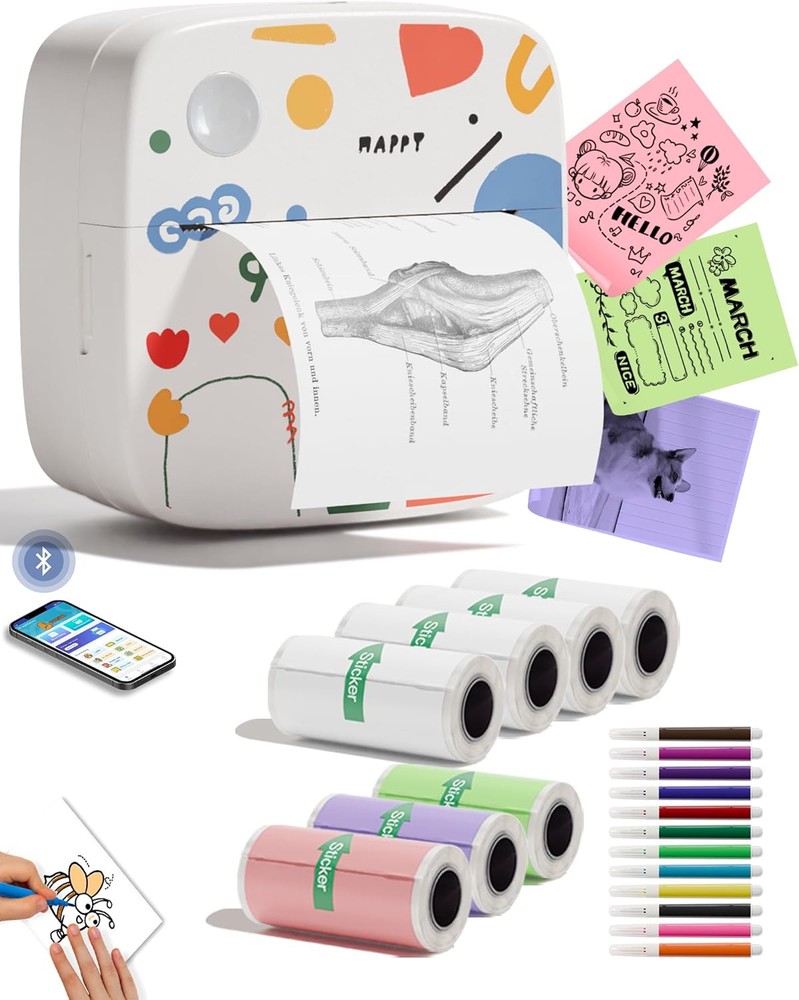 Mini Sticker Printer Print Pod - Portable with 8 Paper Rolls - White  