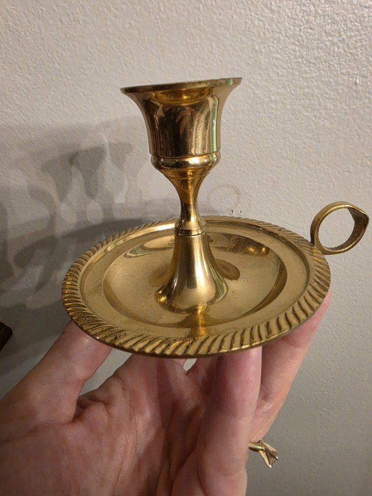 Vintage Brass Chamber Stick Candle Holder with Finger Loop & Drip Tray EUC MCM