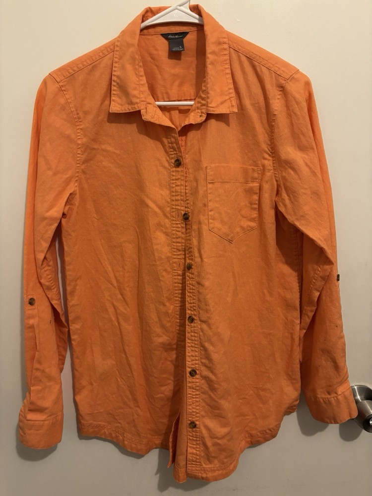 Eddie Bauer Women's Linen Shirt Vintage, Orange, Button-Up, Size Small