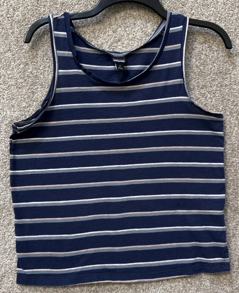 Patagonia Womens Size Small Striped Regenerative Organic Cotton Tank Top Blue
