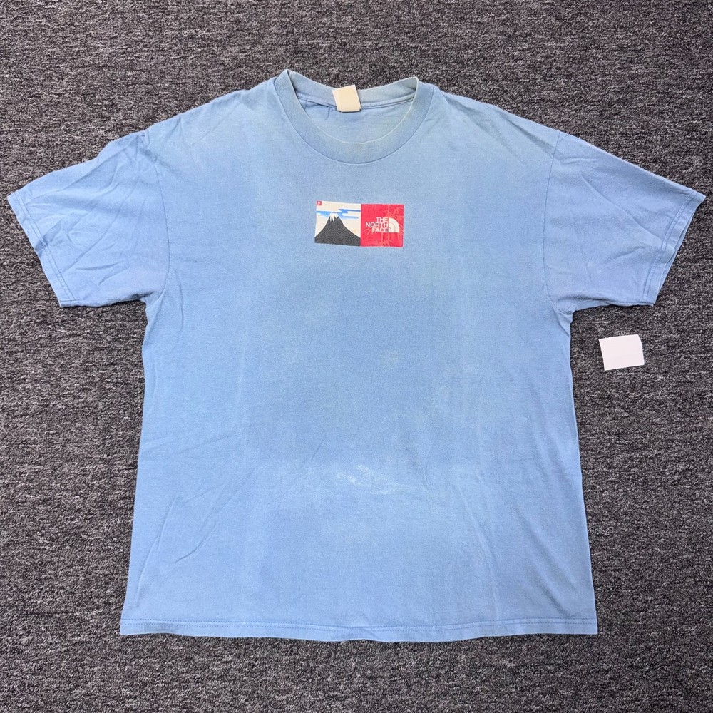 Vintage 90s The North Face Mountain Outdoors Box Logo T-Shirt XL Blue Sun Faded