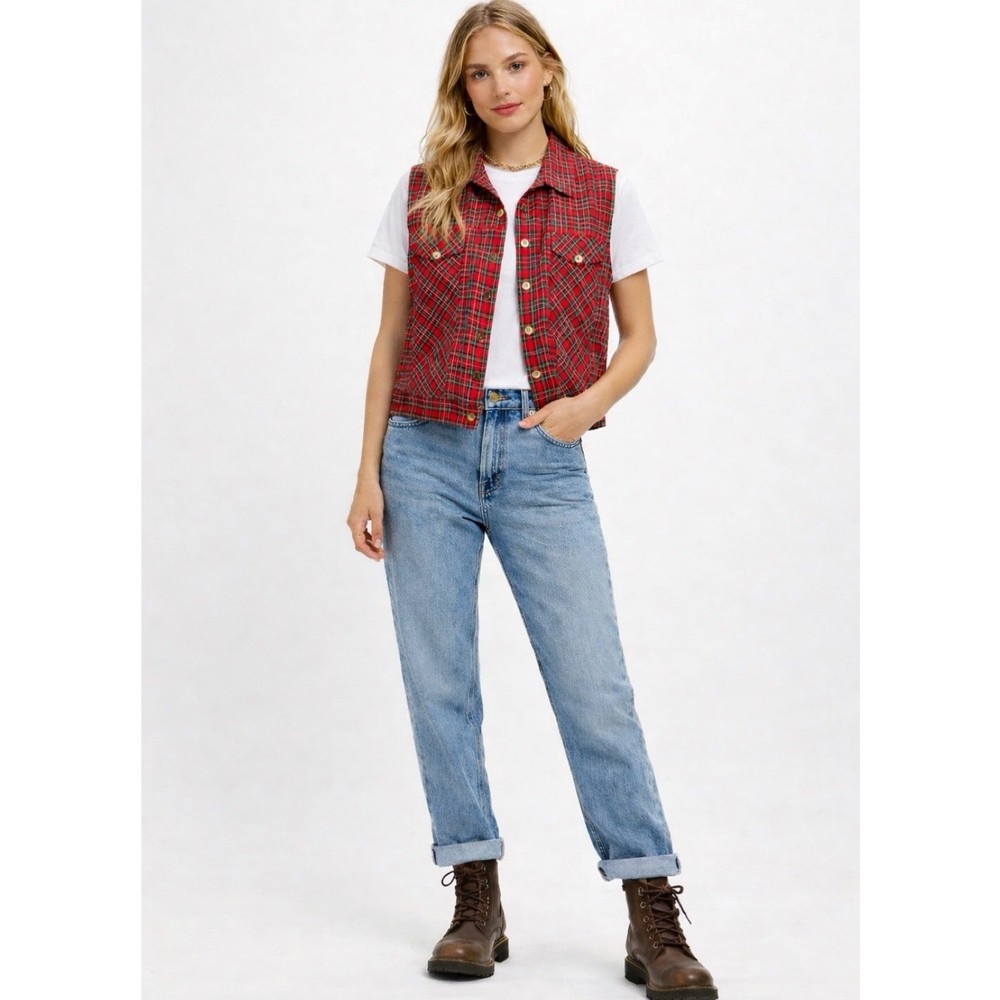 Vtg Bedford Fair Plaid Patchwork Vest Women Sz L Red 90s Grunge Sleeveless Shirt