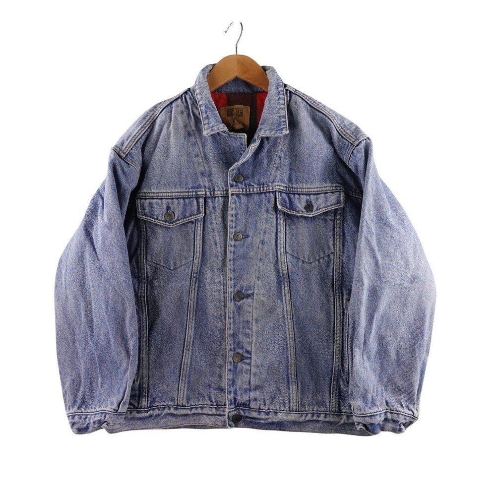 Vintage GAP Denim Trucker Jacket Buffalo Plaid Lined Mens Size Large Workwear