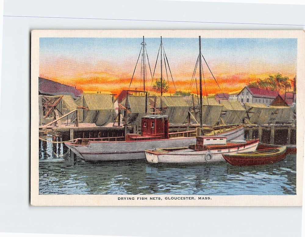Postcard Drying Fish Nets Gloucester Massachusetts USA