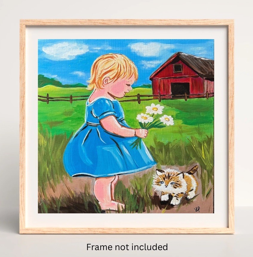 Modern Folk Art Child & Kitten Red Barn Acrylic 12x12” Canvas Panel Original