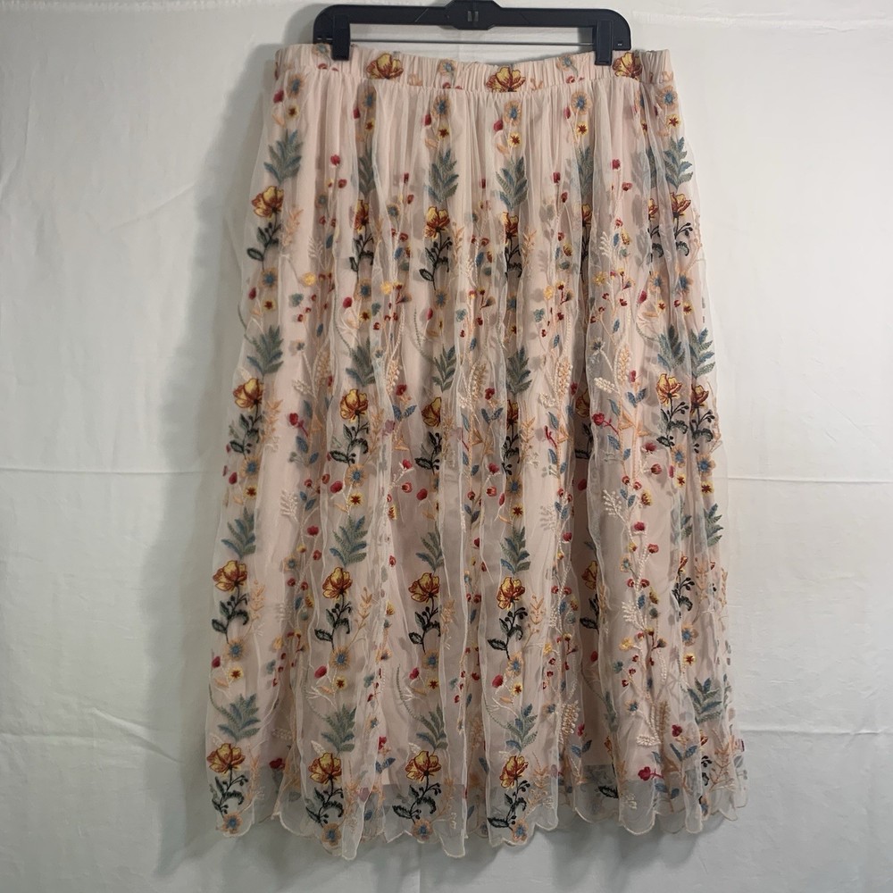 Coldwater Creek Mesh Midi Skirt Womens Large Pink Floral Embroidered Tulle Boho