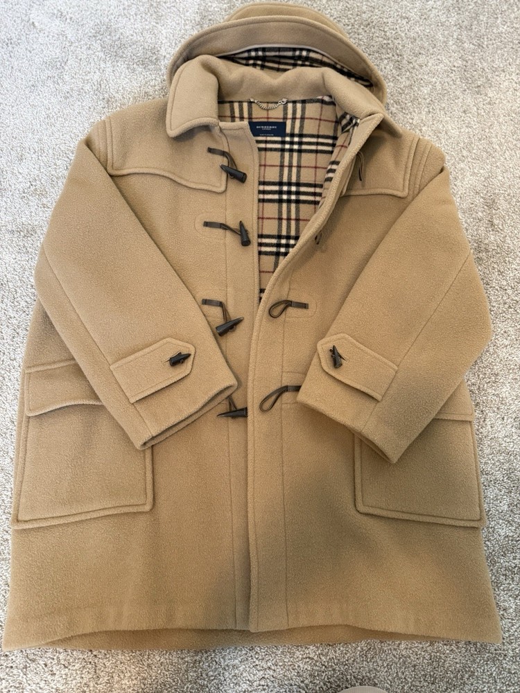 Burberry London Beige Duffle Coat Toggle Closure Hooded Pockets Check Lining Men