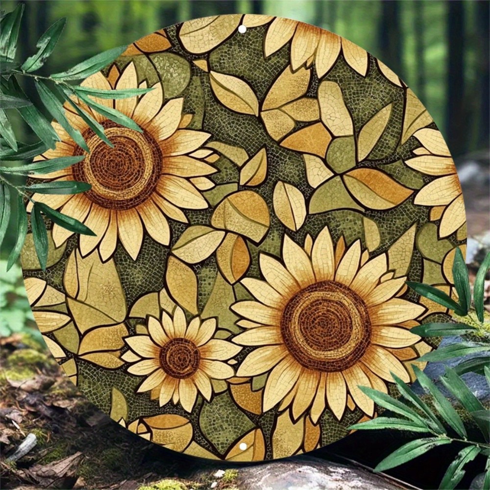 Sunflower Stone Carving Print Round Aluminum Wall Art Metal Sign