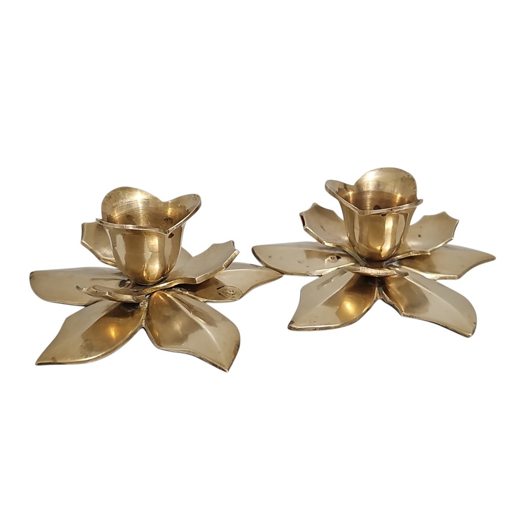 Vintage Solid Brass Candlestick Holder Lotus Poinsettia Flower Candle Holder