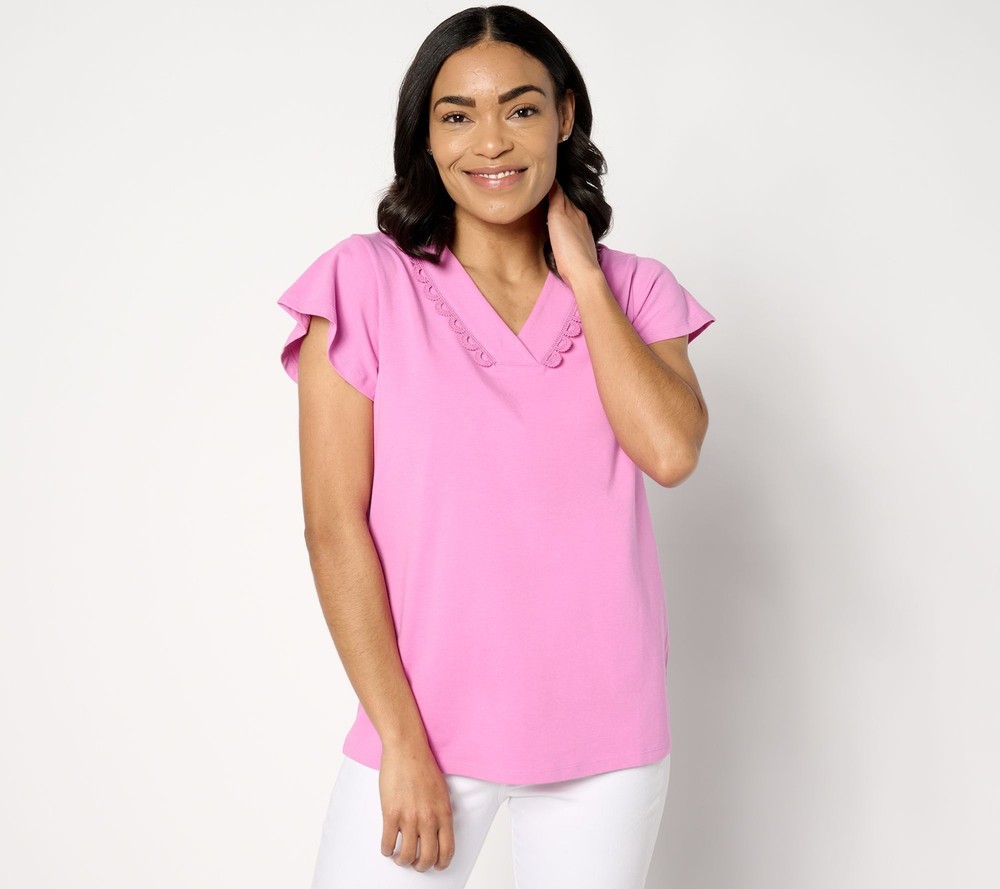 Denim & Co. Women's Top Sz S Favorite Jersey V-Neck Flutter Sleeve Pink A649613