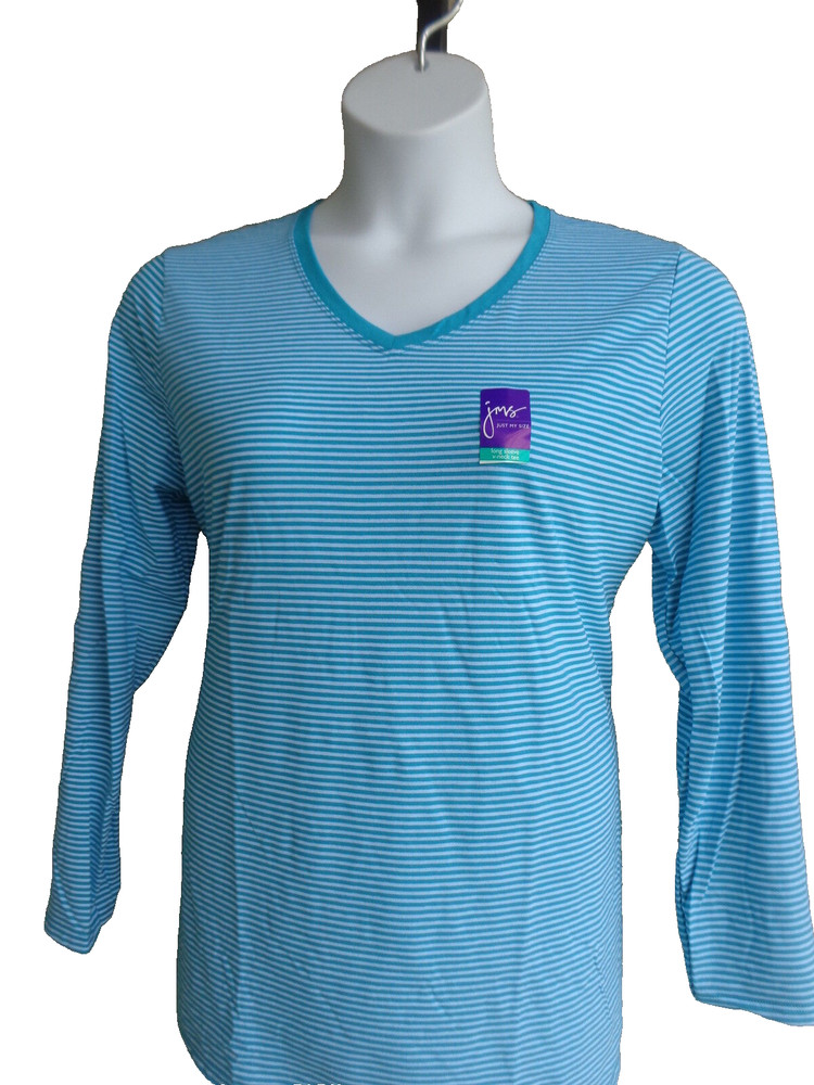 New Just My Size 3X  Cotton Blend 50/50  L/S V Neck Aqua Striped Tee Top