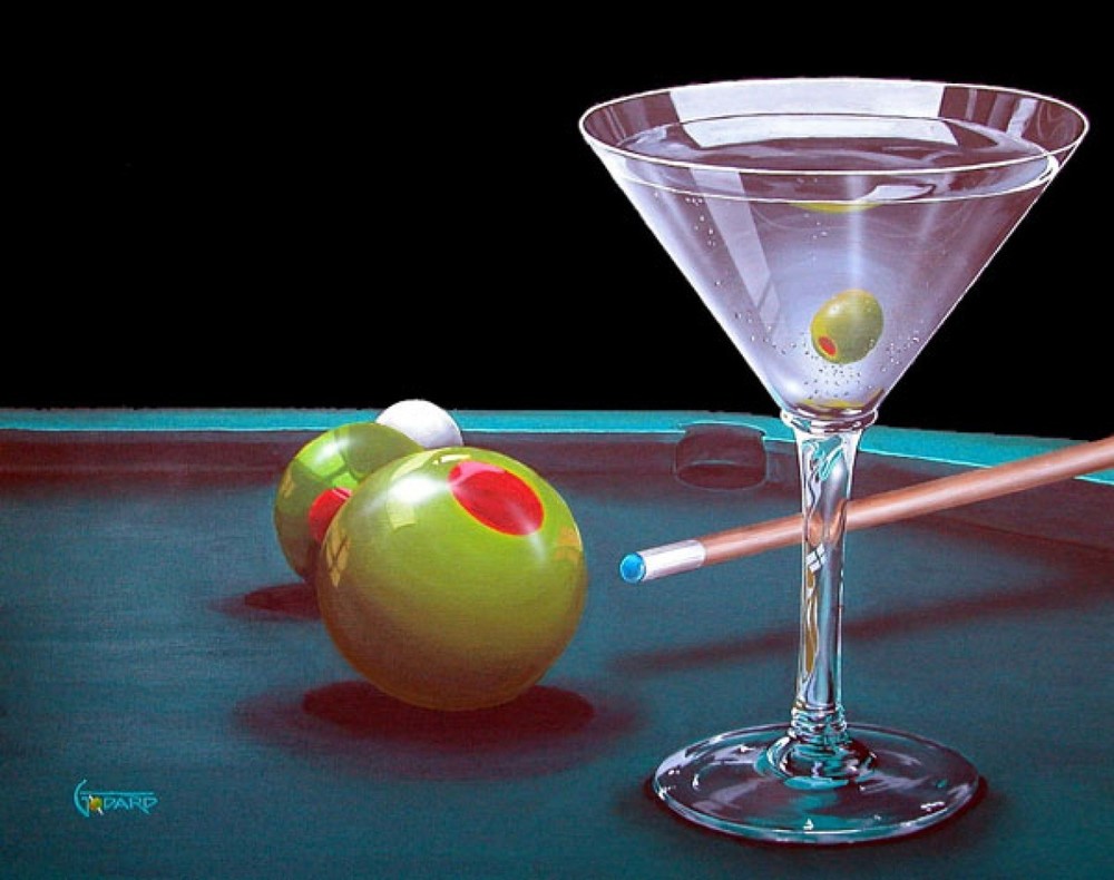 canvas art print giclée poster, pillow.  olives Martini and pool billiard.